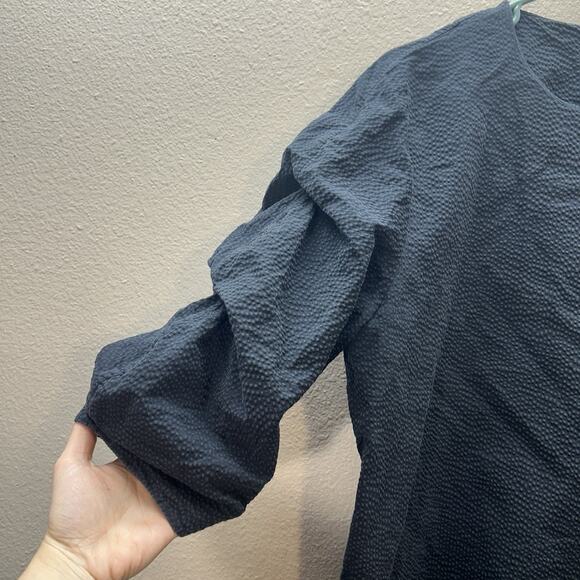 COS Seersucker Ruched Puffed Sleeves Top SZ 38 US 6 Boxy Fit Black Minimalist - Picture 2 of 7
